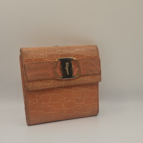 Salvatore Ferragamo Handbags - Salvatore Ferragamo Brown Croc Embossed Wallet with Bow